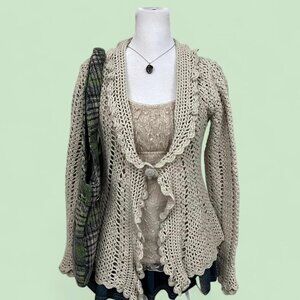 y2k beige boho granola cottagecore grunge crochet ruffle cardigan